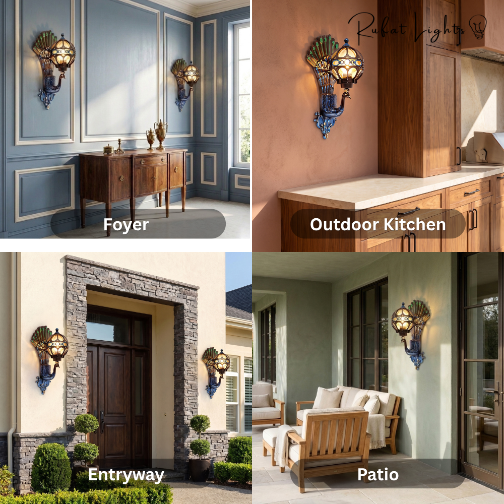Retro Peacock Indoor Outdoor Wall Light shown in foyer, outdoor kitchen, entryway and patio settings