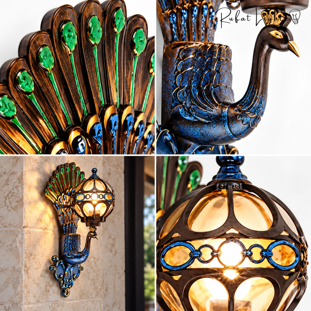 Retro Peacock Indoor Outdoor Wall Light close-up details of the hand-painted peacock feathers, peacock head and patterned glass globe lantern