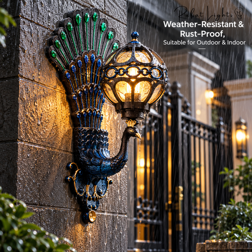 Retro Peacock Indoor Outdoor Wall Light in Colorful, weather-resistant and rust-proof, lit beside an iron gate in the rain