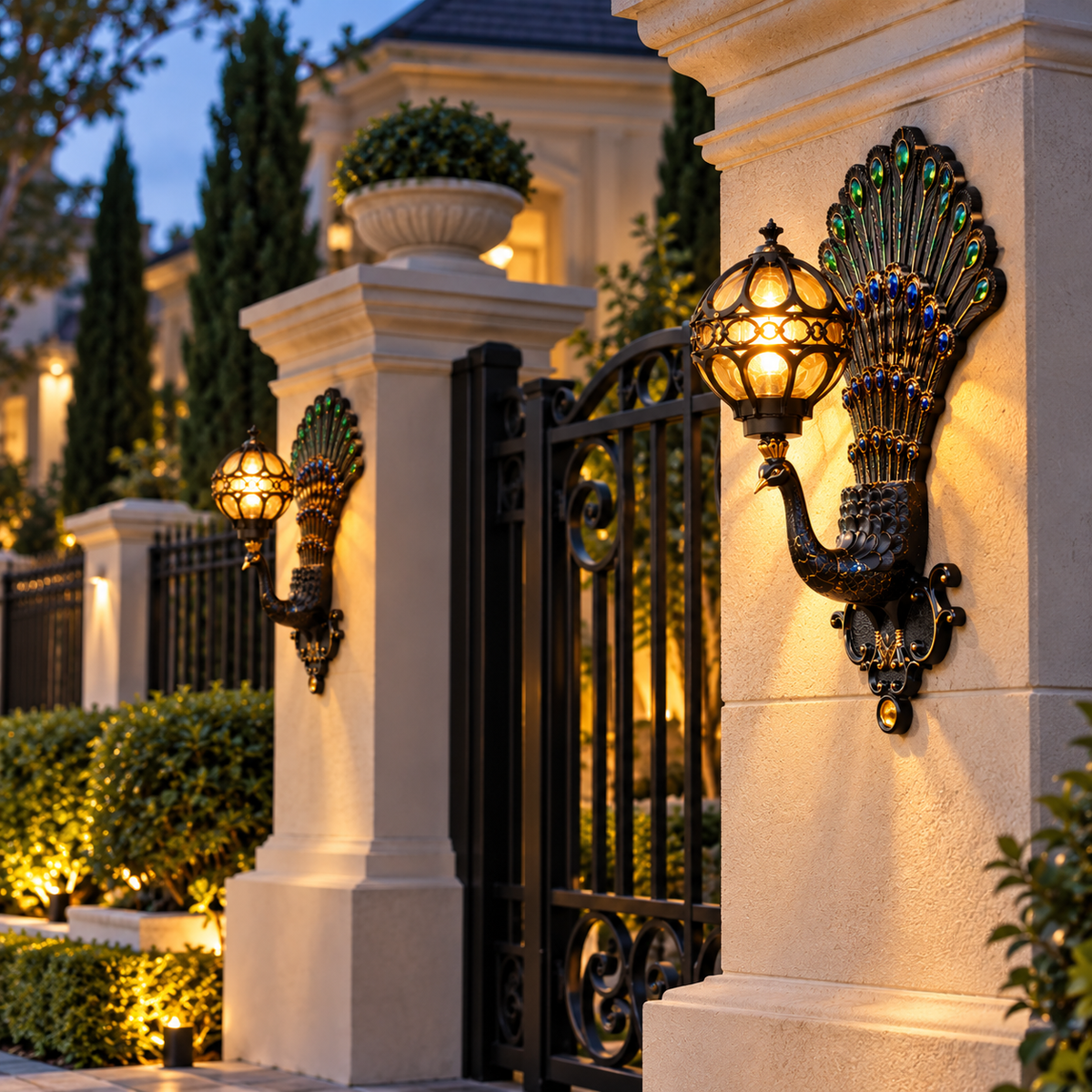 Pair of Retro Peacock Indoor Outdoor Wall Lights in Sand Black on gate pillars at a villa entrance at dusk