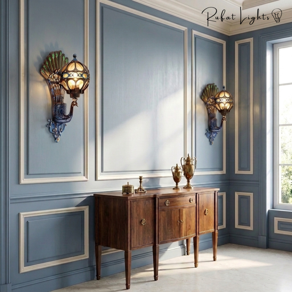 Pair of Retro Peacock Indoor Outdoor Wall Lights in Colorful on a blue paneled foyer wall above a wooden console