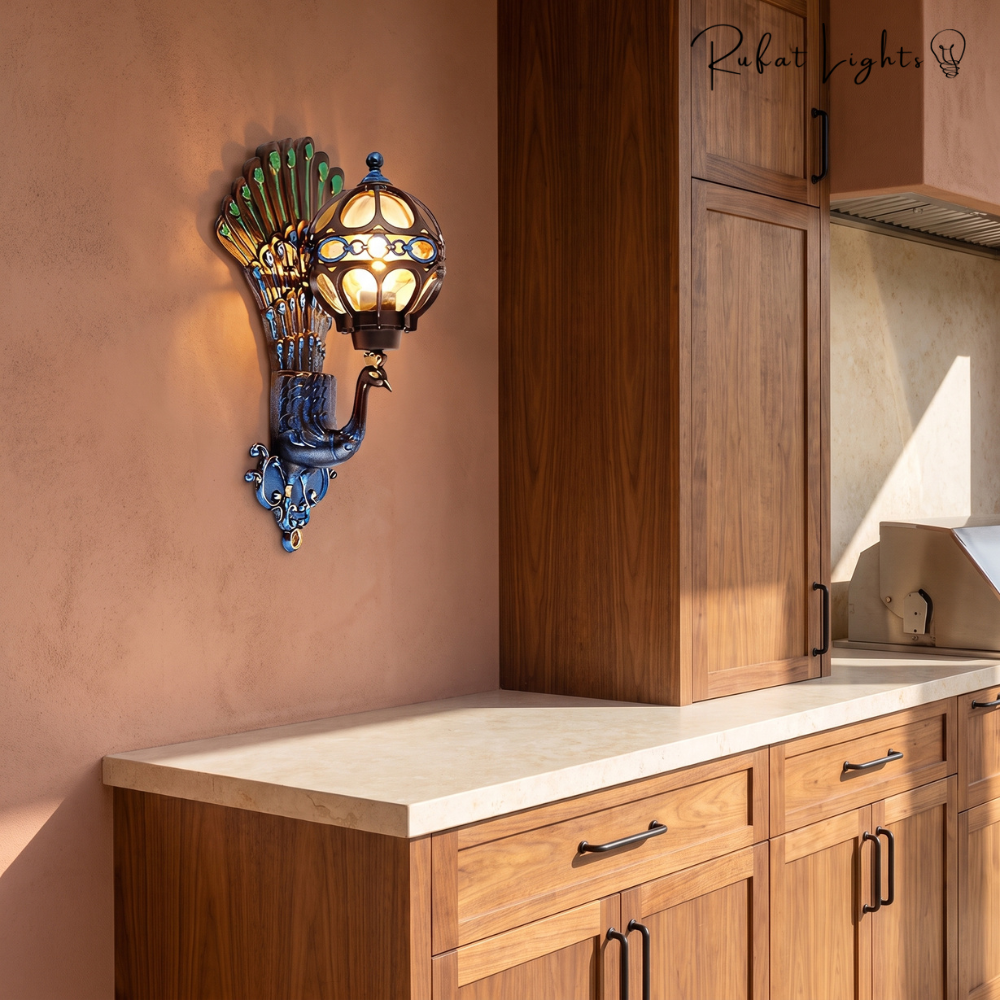 Retro Peacock Indoor Outdoor Wall Light in Colorful in an outdoor kitchen beside wooden cabinets