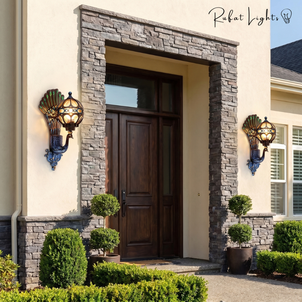 Pair of Retro Peacock Indoor Outdoor Wall Lights in Colorful beside a stone-framed front door entryway