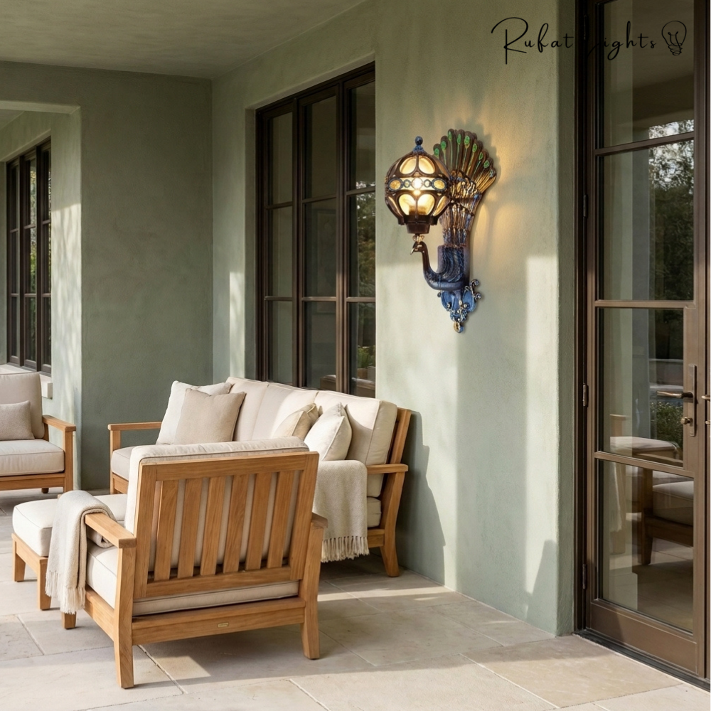 Retro Peacock Indoor Outdoor Wall Light in Colorful on a covered patio wall with outdoor lounge chairs