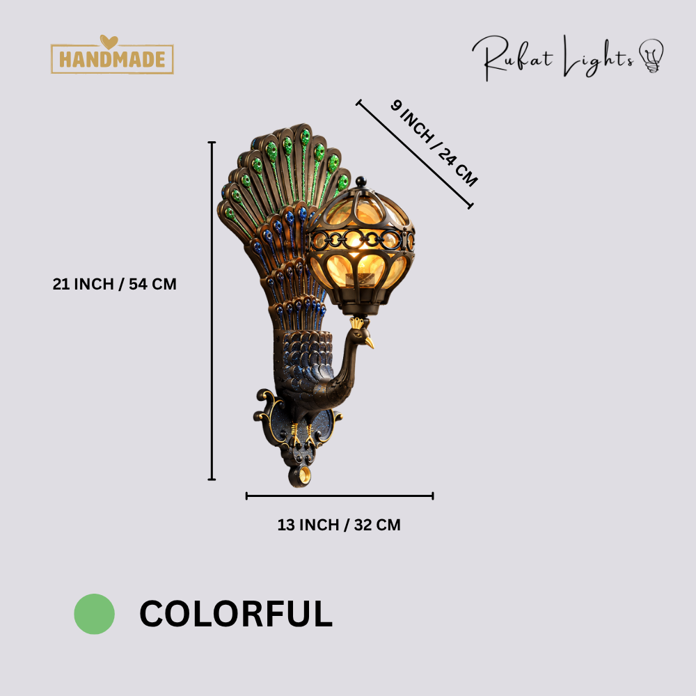 Retro Peacock Indoor Outdoor Wall Light Colorful variant dimensions: 21 in (54 cm) high, 13 in (32 cm) wide, 9 in (24 cm) deep