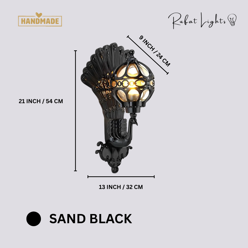 Retro Peacock Indoor Outdoor Wall Light Sand Black variant dimensions: 21 in (54 cm) high, 13 in (32 cm) wide, 9 in (24 cm) deep