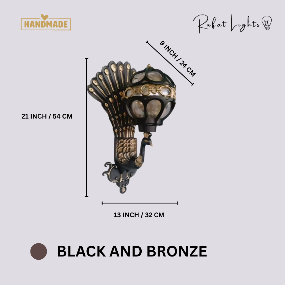 Retro Peacock Indoor Outdoor Wall Light Black and Bronze variant dimensions: 21 in (54 cm) high, 13 in (32 cm) wide, 9 in (24 cm) deep