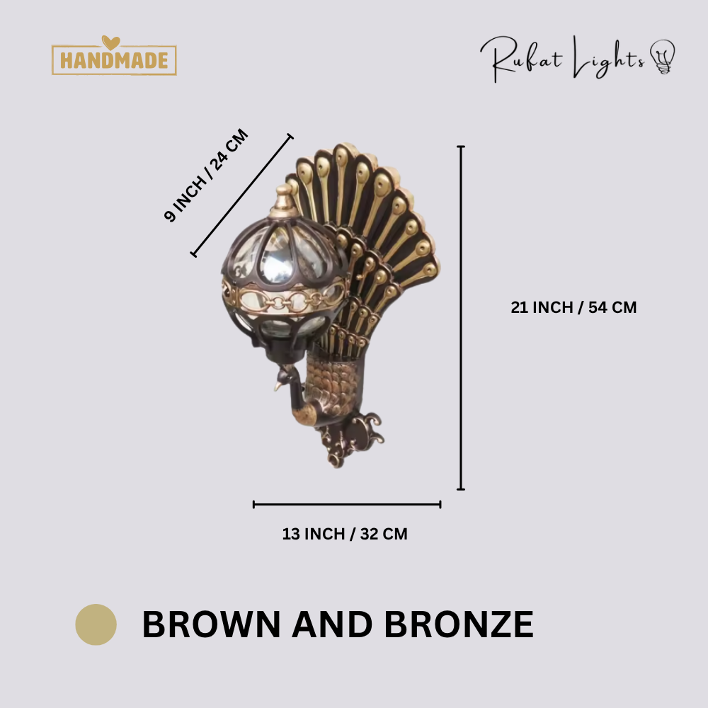 Retro Peacock Indoor Outdoor Wall Light Brown and Bronze variant dimensions: 21 in (54 cm) high, 13 in (32 cm) wide, 9 in (24 cm) deep