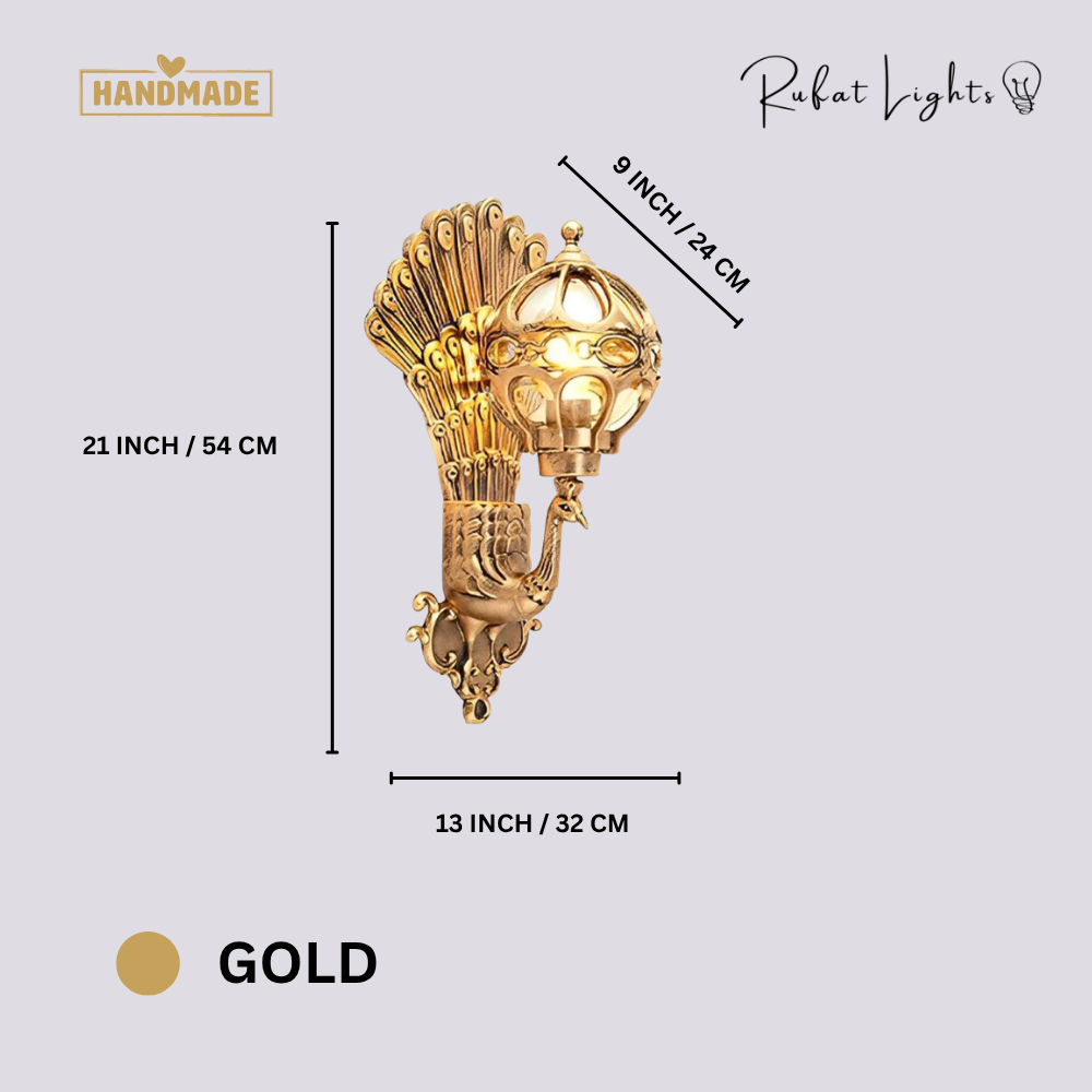 Retro Peacock Indoor Outdoor Wall Light Gold variant dimensions: 21 in (54 cm) high, 13 in (32 cm) wide, 9 in (24 cm) deep