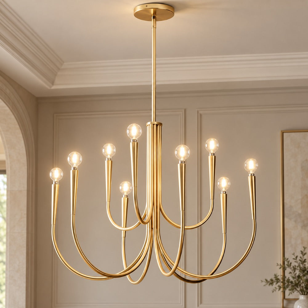 Retro Style Swoop Arm Luxury Chandelier Lamps in gold with swoop arms and globe bulbs in a classic panelled room