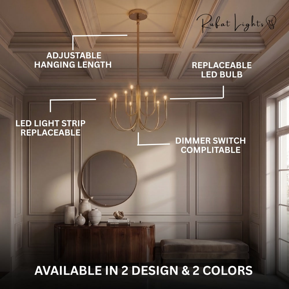 Retro Style Swoop Arm Luxury Chandelier Lamps features: adjustable hanging length, replaceable LED bulb, LED light strip replaceable, dimmer switch compatible, available in 2 designs and 2 colors