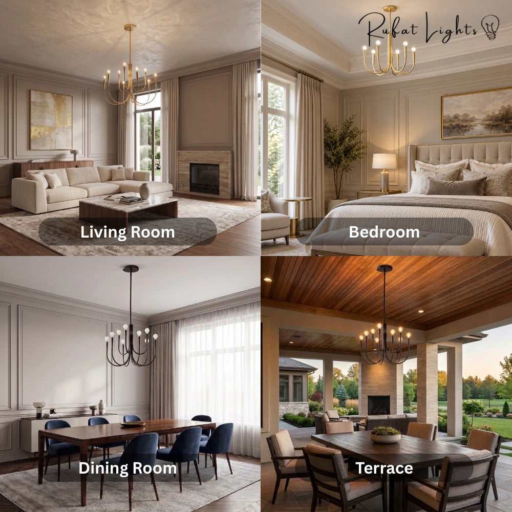 Retro Style Swoop Arm Luxury Chandelier Lamps shown in living room, bedroom, dining room and terrace settings