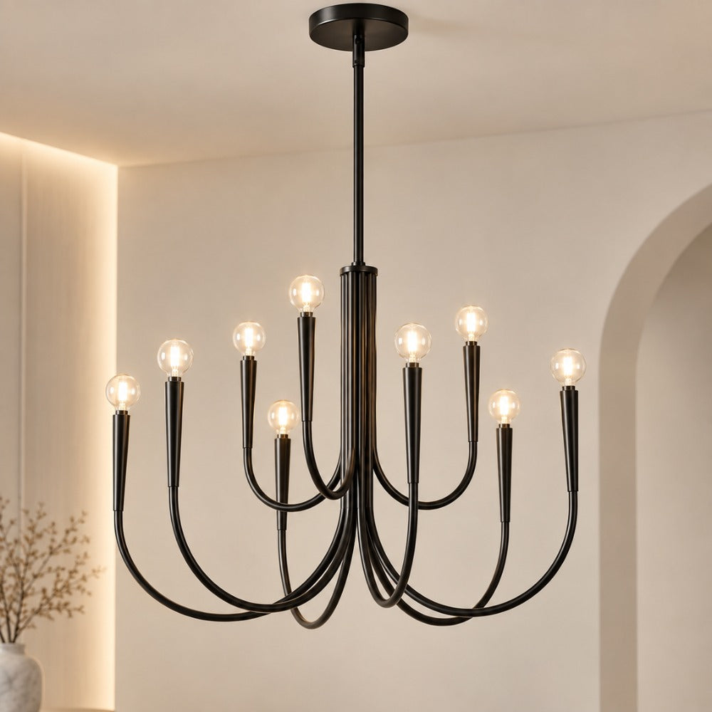 Retro Style Swoop Arm Luxury Chandelier Lamps in black with swoop arms against an arched wall