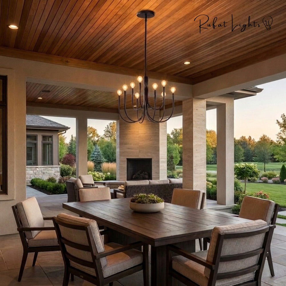Retro Style Swoop Arm Luxury Chandelier Lamps in black above an outdoor dining table on a covered terrace