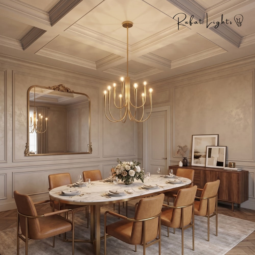 Retro Style Swoop Arm Luxury Chandelier Lamps in gold above a round marble dining table