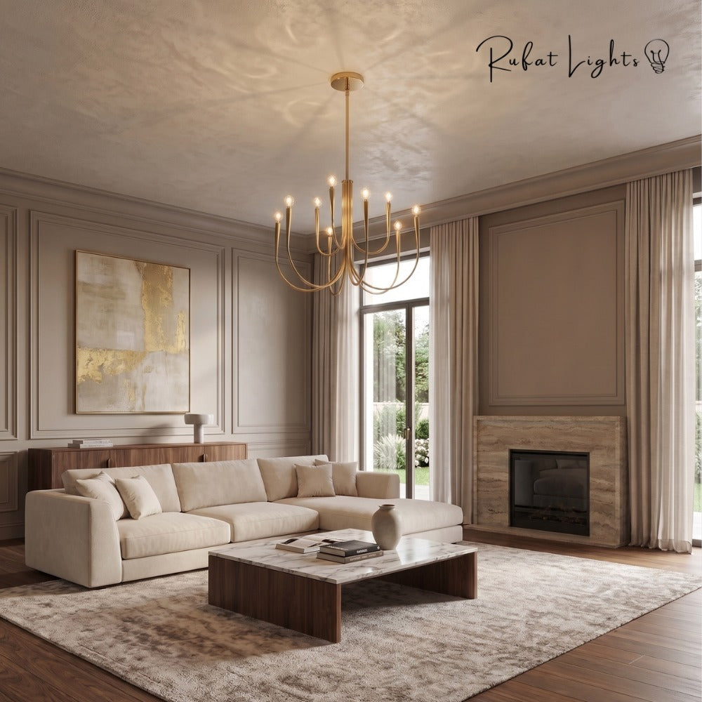 Retro Style Swoop Arm Luxury Chandelier Lamps in gold above a living room with a fireplace