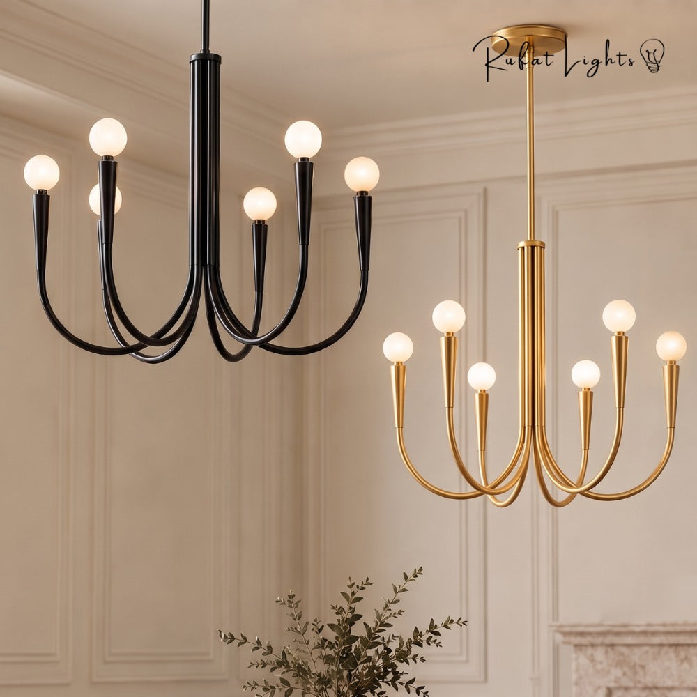 Retro Style Swoop Arm Luxury Chandelier Lamps in black and gold side by side in a bright room