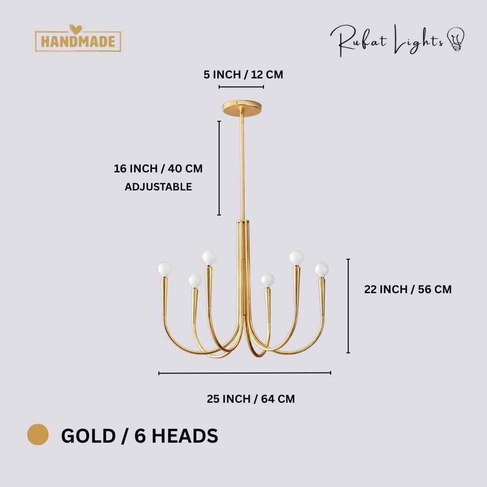 Retro Style Swoop Arm Luxury Chandelier Lamps Gold 6 Heads dimensions: 25 in (64 cm) wide, 22 in (56 cm) high, 16 in (40 cm) adjustable rod, 5 in (12 cm) canopy