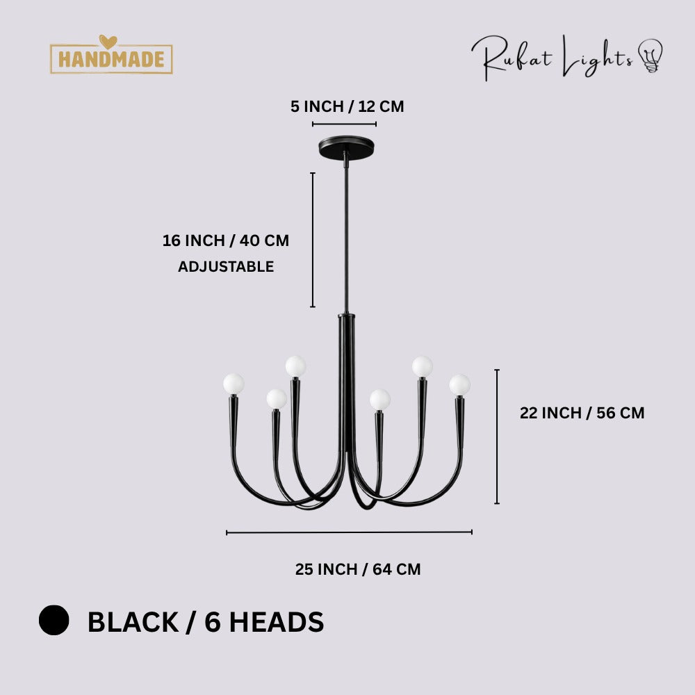Retro Style Swoop Arm Luxury Chandelier Lamps Black 6 Heads dimensions: 25 in (64 cm) wide, 22 in (56 cm) high, 16 in (40 cm) adjustable rod, 5 in (12 cm) canopy