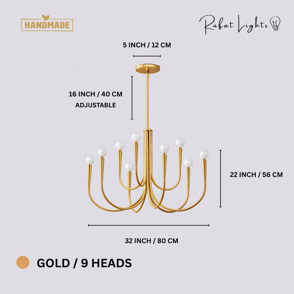 Retro Style Swoop Arm Luxury Chandelier Lamps Gold 9 Heads dimensions: 32 in (80 cm) wide, 22 in (56 cm) high, 16 in (40 cm) adjustable rod, 5 in (12 cm) canopy