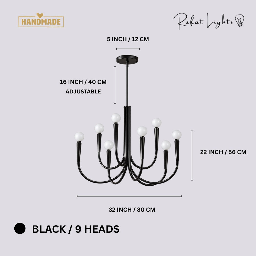 Retro Style Swoop Arm Luxury Chandelier Lamps Black 9 Heads dimensions: 32 in (80 cm) wide, 22 in (56 cm) high, 16 in (40 cm) adjustable rod, 5 in (12 cm) canopy