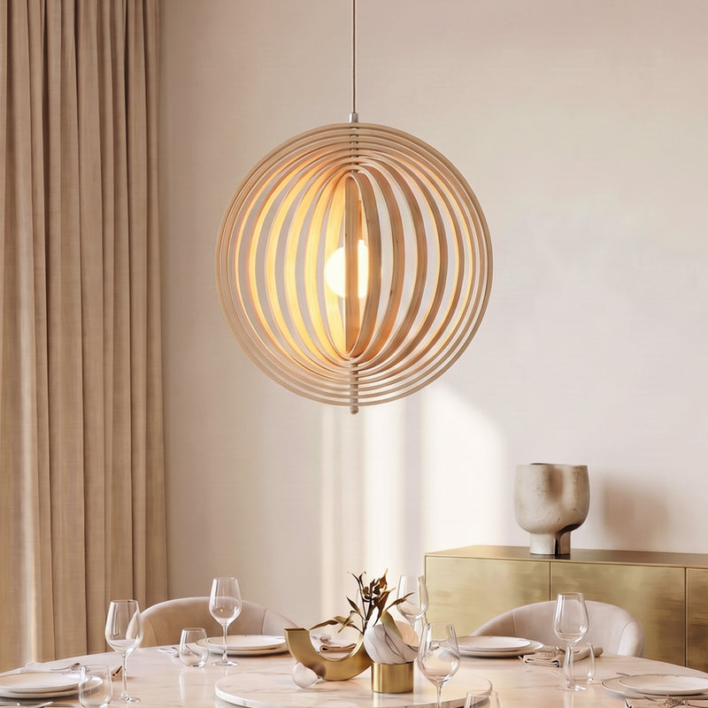 Revolving Circular Moon Wood Pendant Light over a dining table