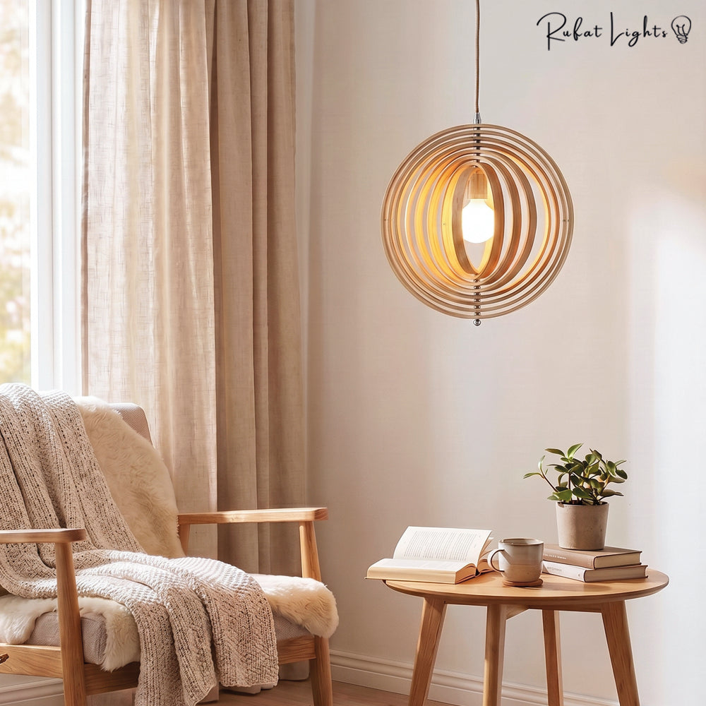 Revolving Circular Moon Wood Pendant Light in a living room reading corner