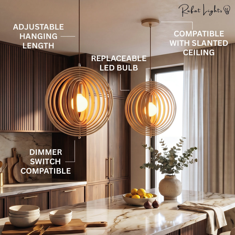Revolving Circular Moon Wood Pendant Light features: adjustable hanging length, replaceable LED bulb, slanted ceiling compatible, dimmer compatible