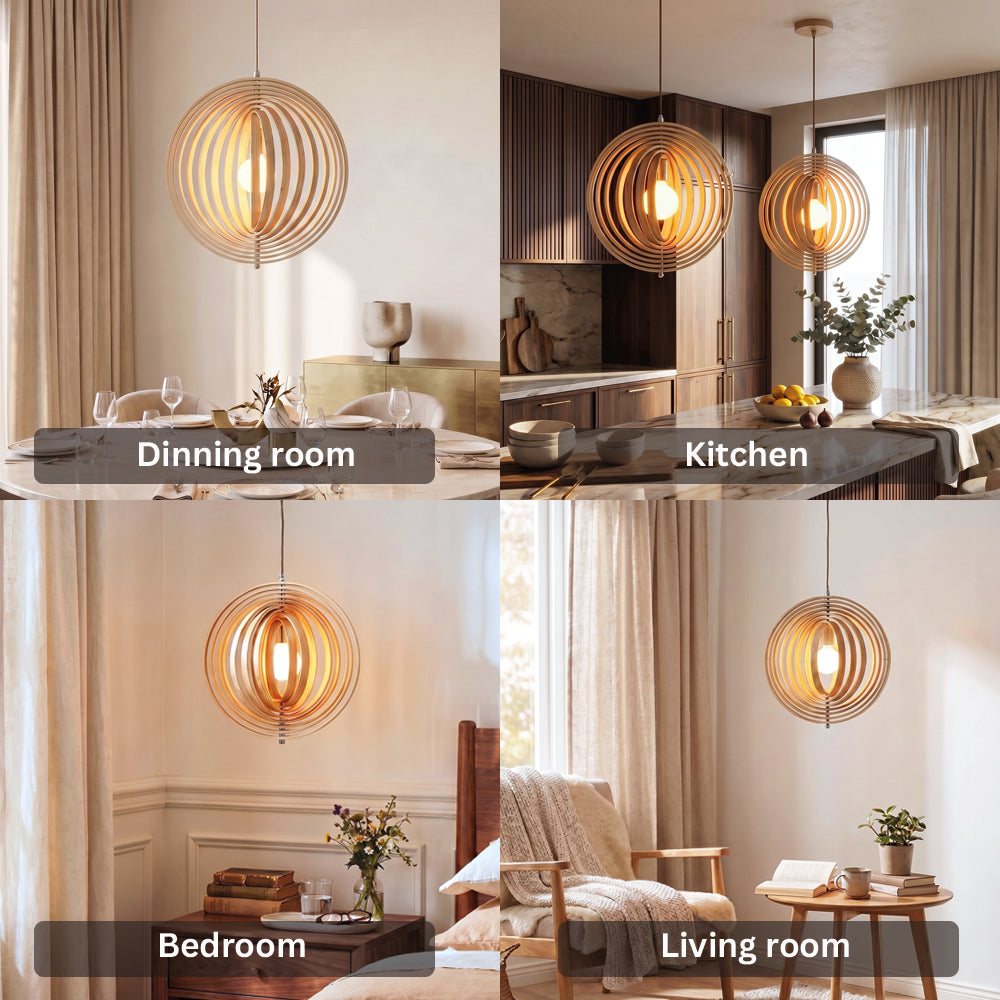 Revolving Circular Moon Wood Pendant Light shown in dining room, kitchen, bedroom and living room