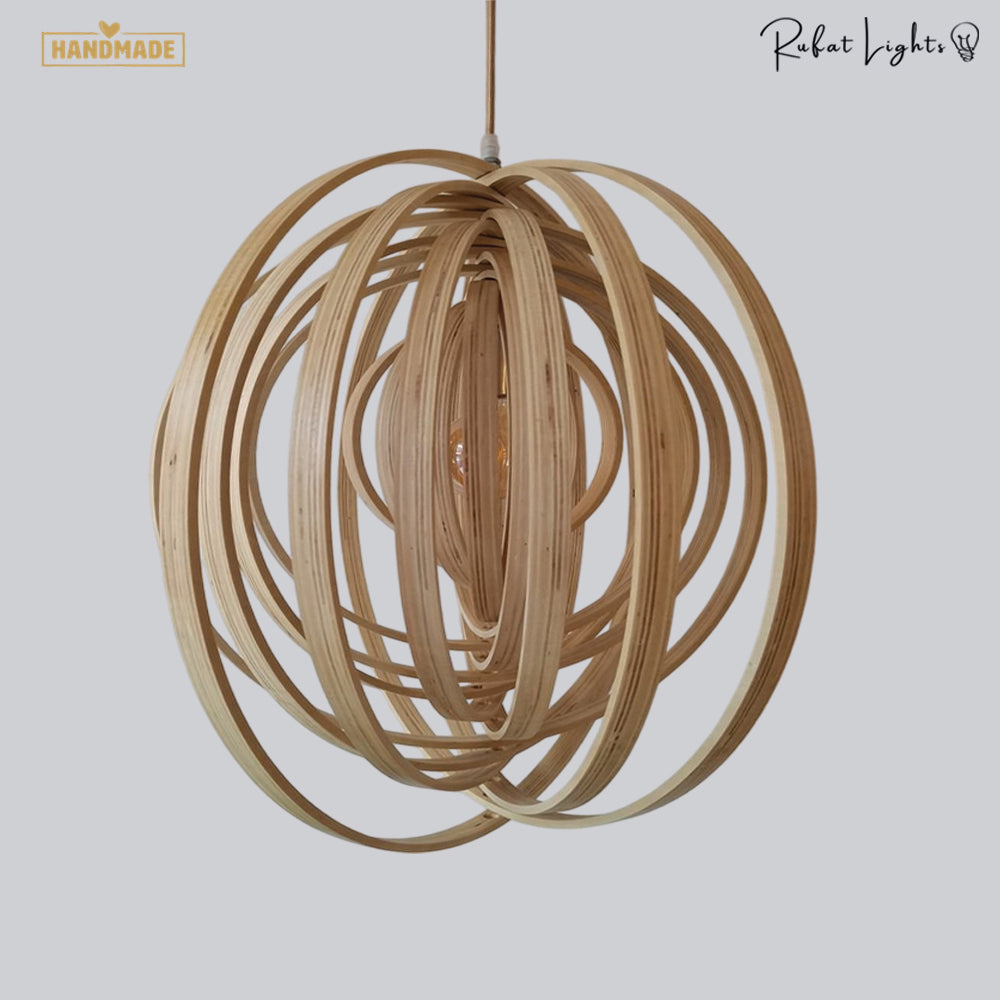 Revolving Circular Moon Wood Pendant Light rotating wood rings close-up