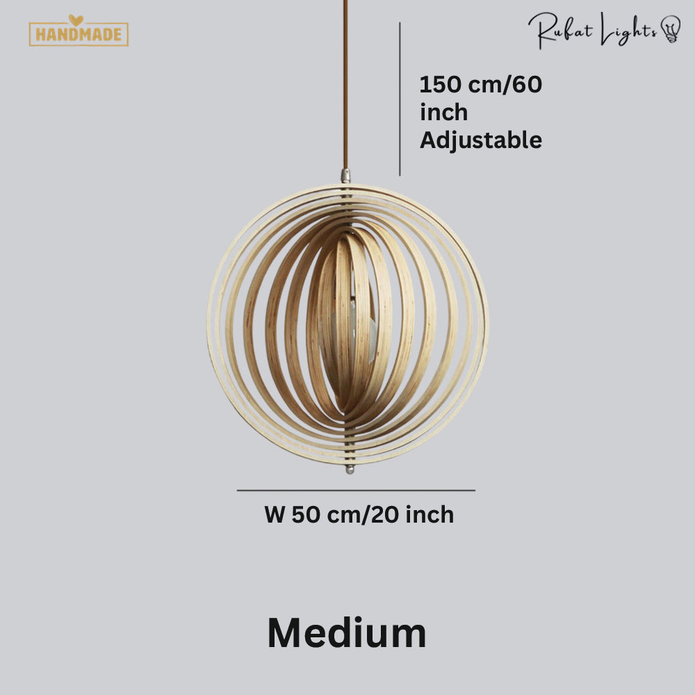 Revolving Circular Moon Wood Pendant Light dimensions Medium