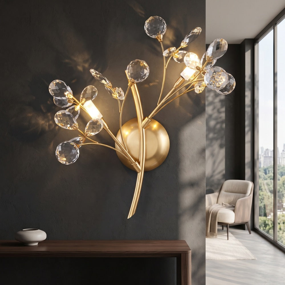 Romantic Flowers Branches Clear Crystal Wall Lamp 3 Branches in gold with crystal flowers