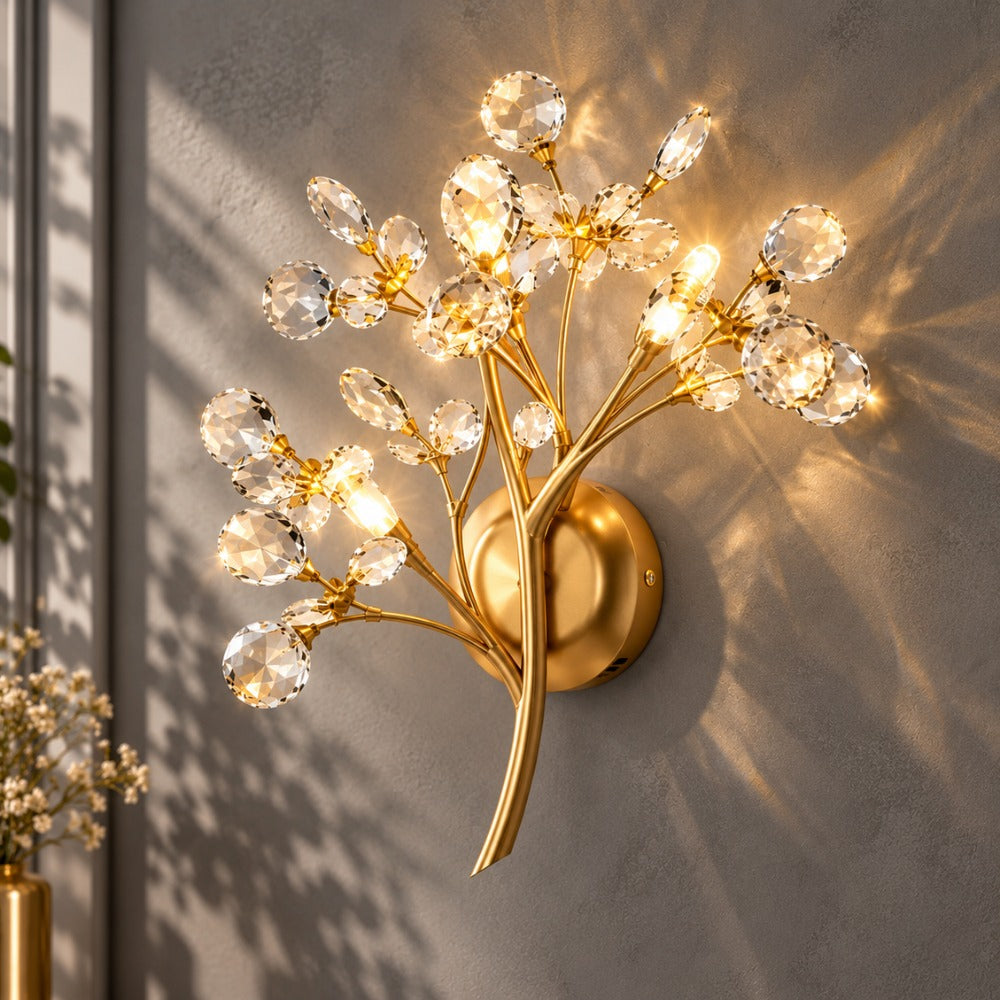 Romantic Flowers Branches Clear Crystal Wall Lamp close-up with crystal flowers glowing
