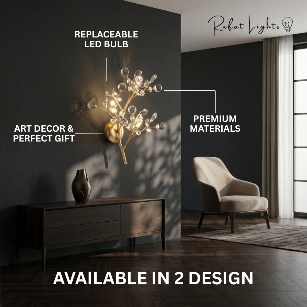 Romantic Flowers Branches Clear Crystal Wall Lamp features: replaceable LED bulb, art decor and perfect gift, premium materials, available in 2 designs