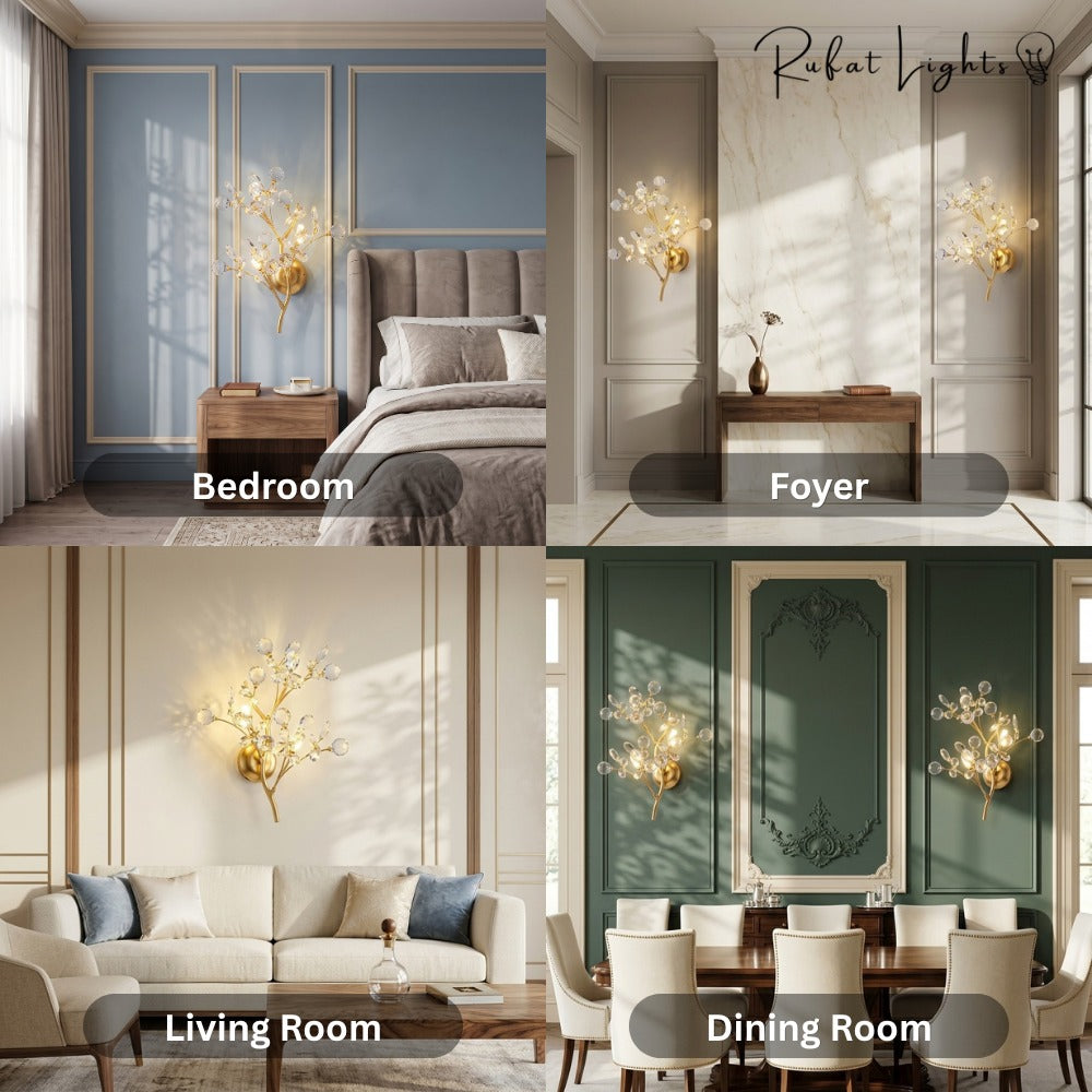Romantic Flowers Branches Clear Crystal Wall Lamp shown in a bedroom, foyer, living room and dining room