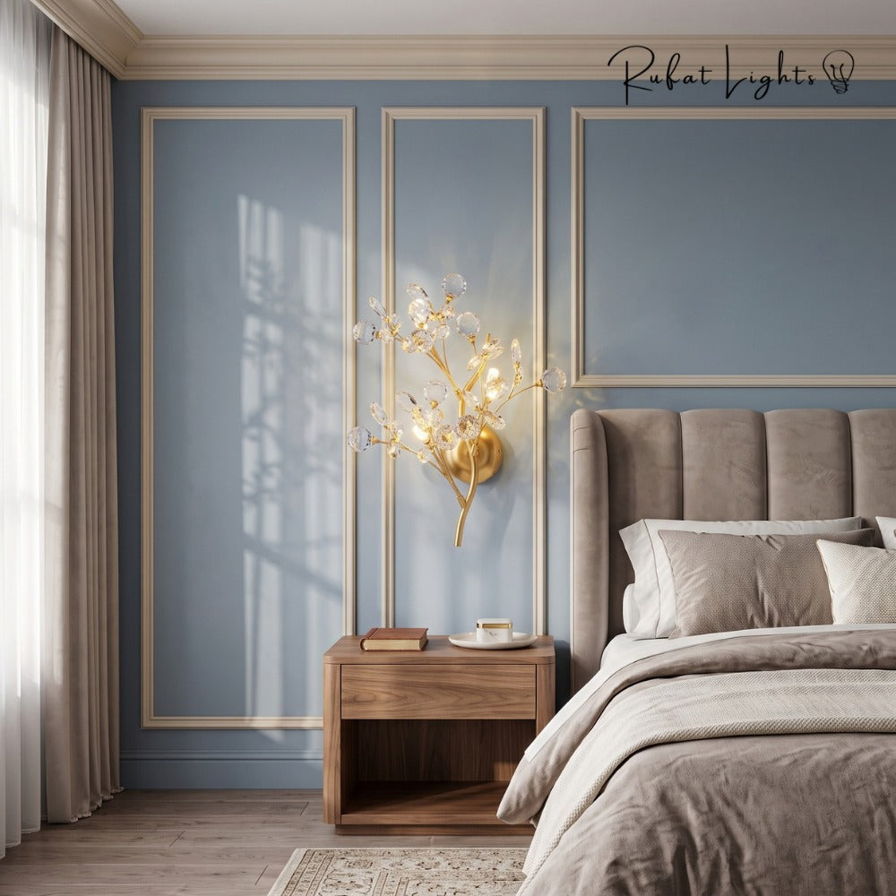 Romantic Flowers Branches Clear Crystal Wall Lamp beside a bed