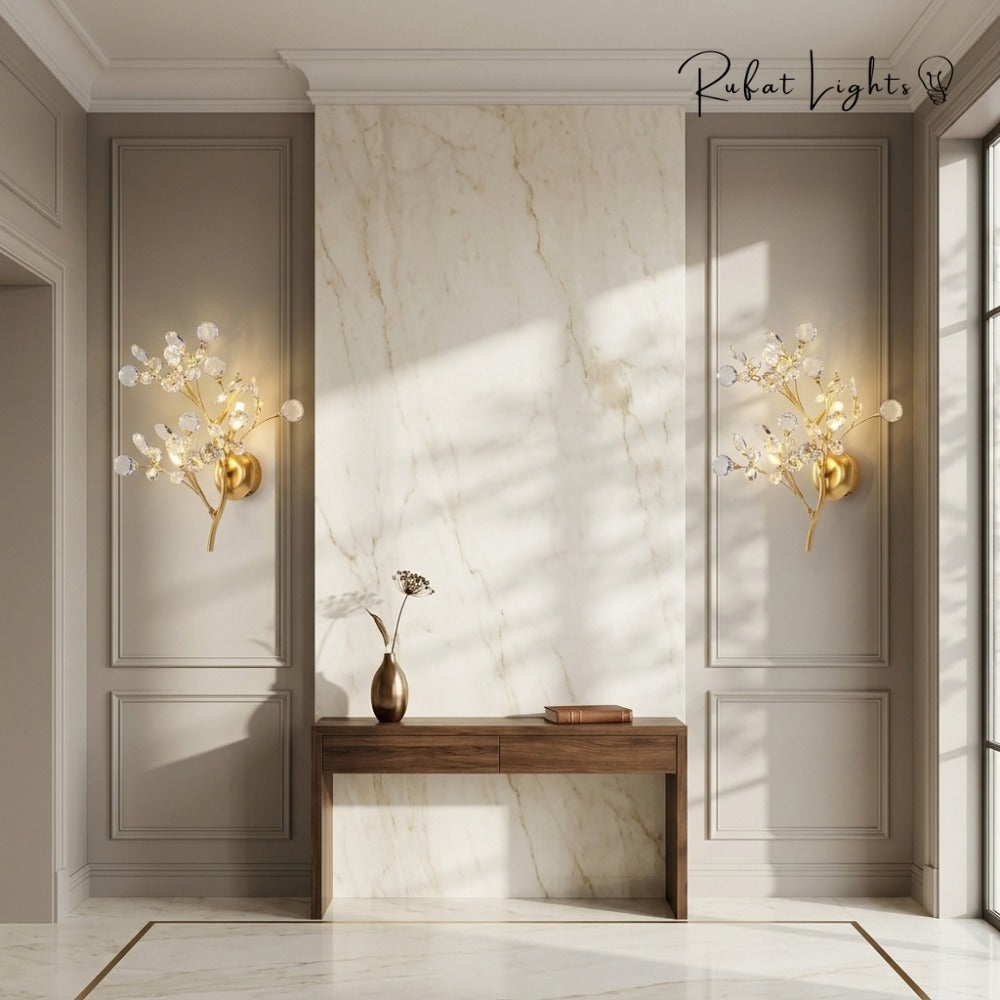 Romantic Flowers Branches Clear Crystal Wall Lamp pair in an entryway