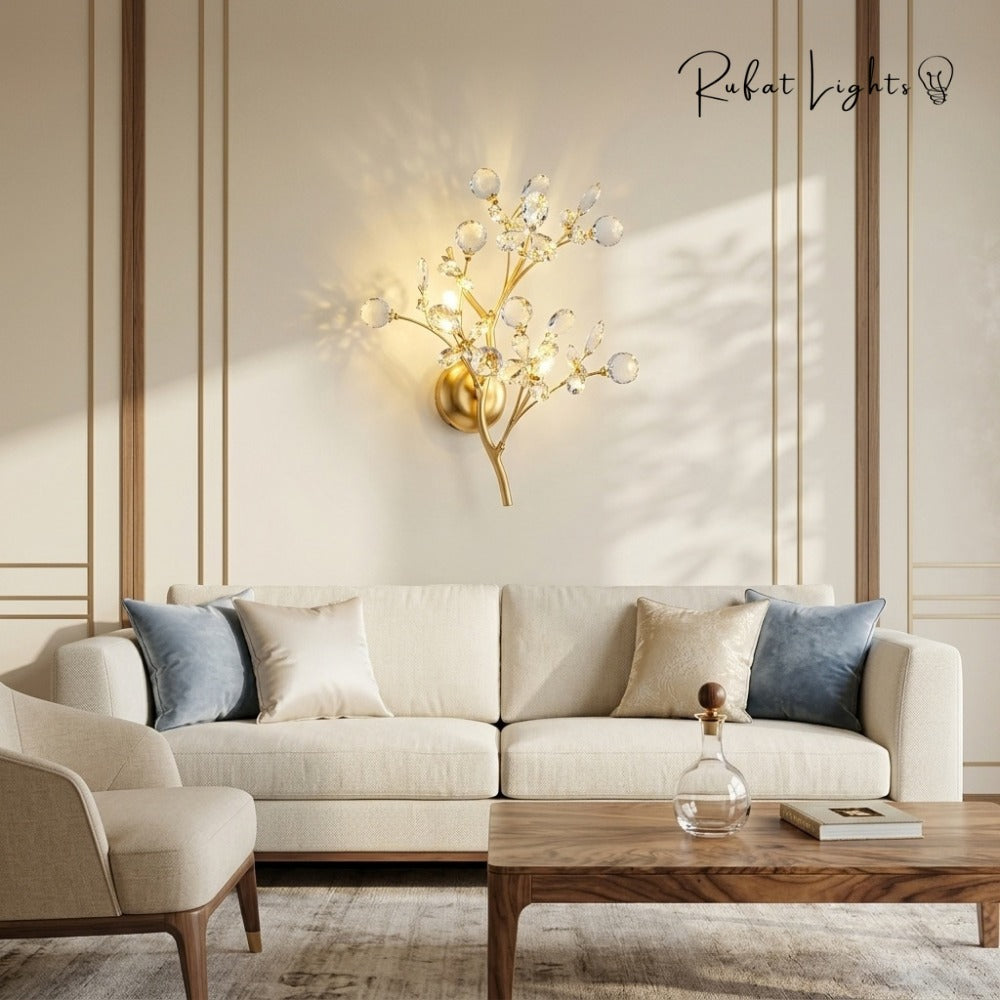 Romantic Flowers Branches Clear Crystal Wall Lamp pair above a sofa