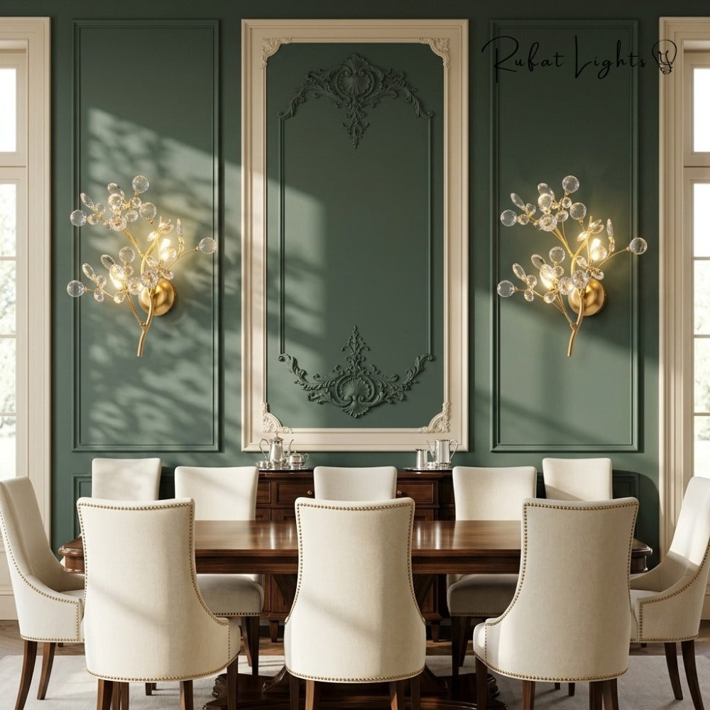 Romantic Flowers Branches Clear Crystal Wall Lamp pair in a dining room