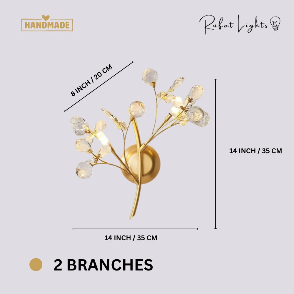 Romantic Flowers Branches Clear Crystal Wall Lamp 2 Branches dimensions: 14 in (35 cm) wide, 14 in (35 cm) high