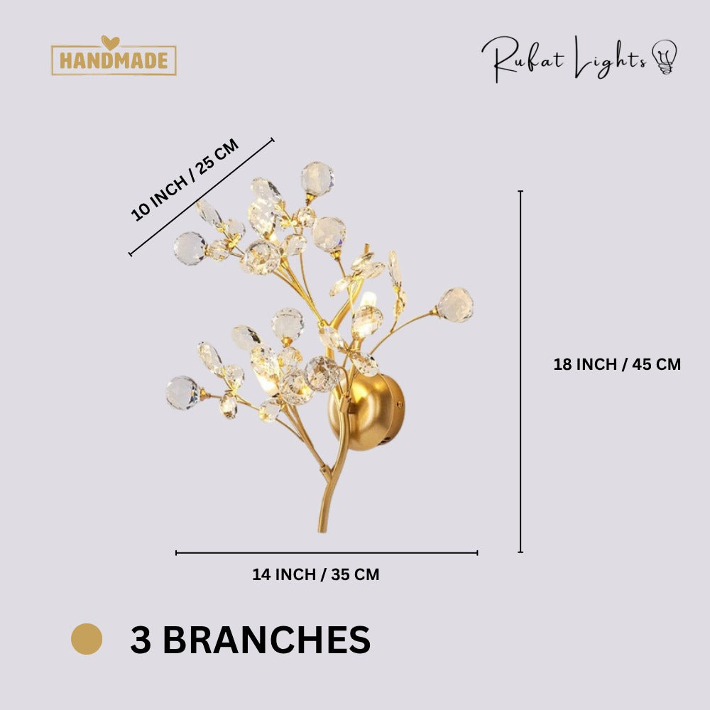 Romantic Flowers Branches Clear Crystal Wall Lamp 3 Branches dimensions: 14 in (35 cm) wide, 18 in (45 cm) high