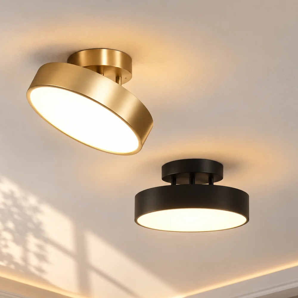 Round Copper Golden Ceiling Lamp Gold and Black pair on a sunlit ceiling