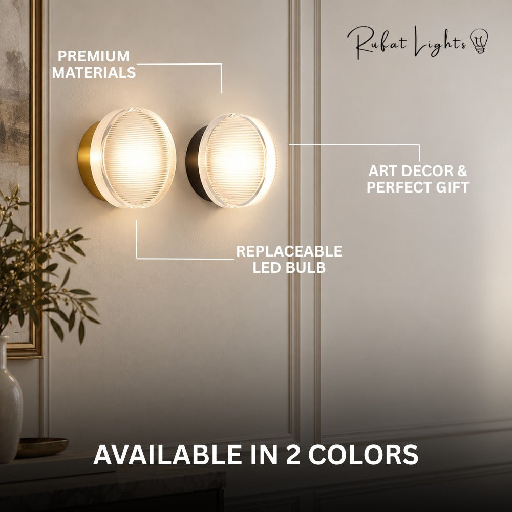 Round Textured Glass Wall Lamp features: premium materials, art decor and perfect gift, replaceable LED bulb, available in 2 colors