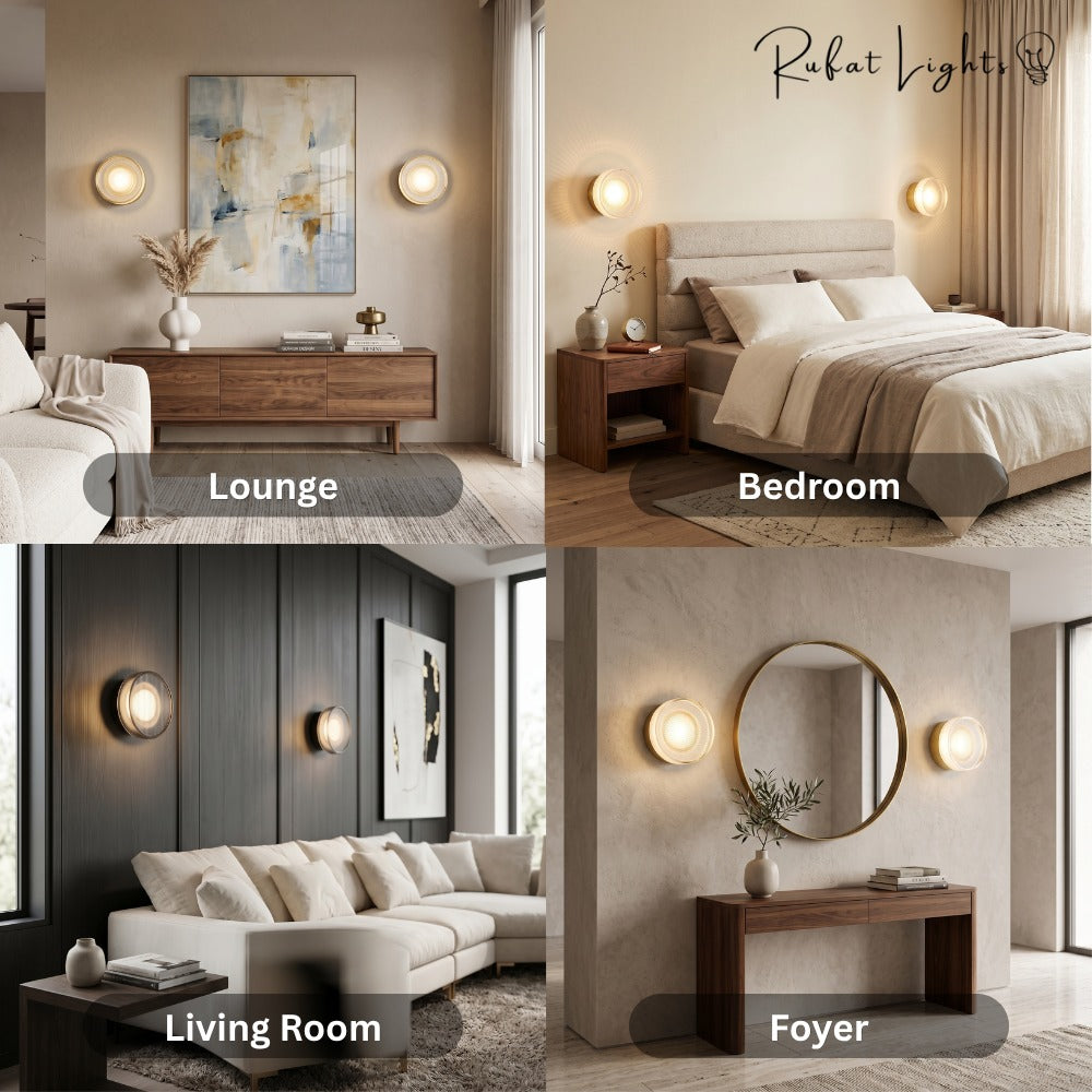 Round Textured Glass Wall Lamp shown in lounge, bedroom, living room and foyer settings