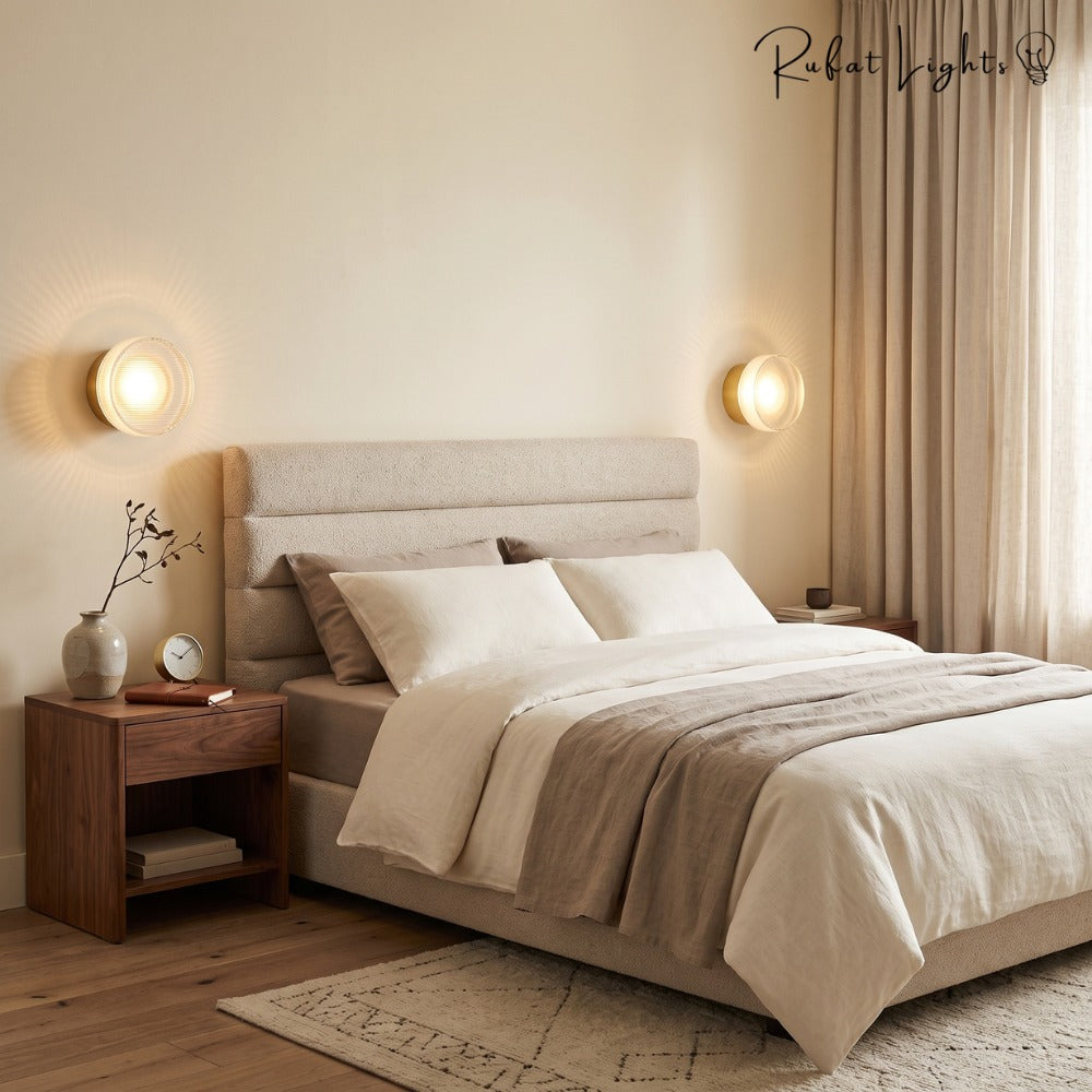 Round Textured Glass Wall Lamp in gold pair beside a bed