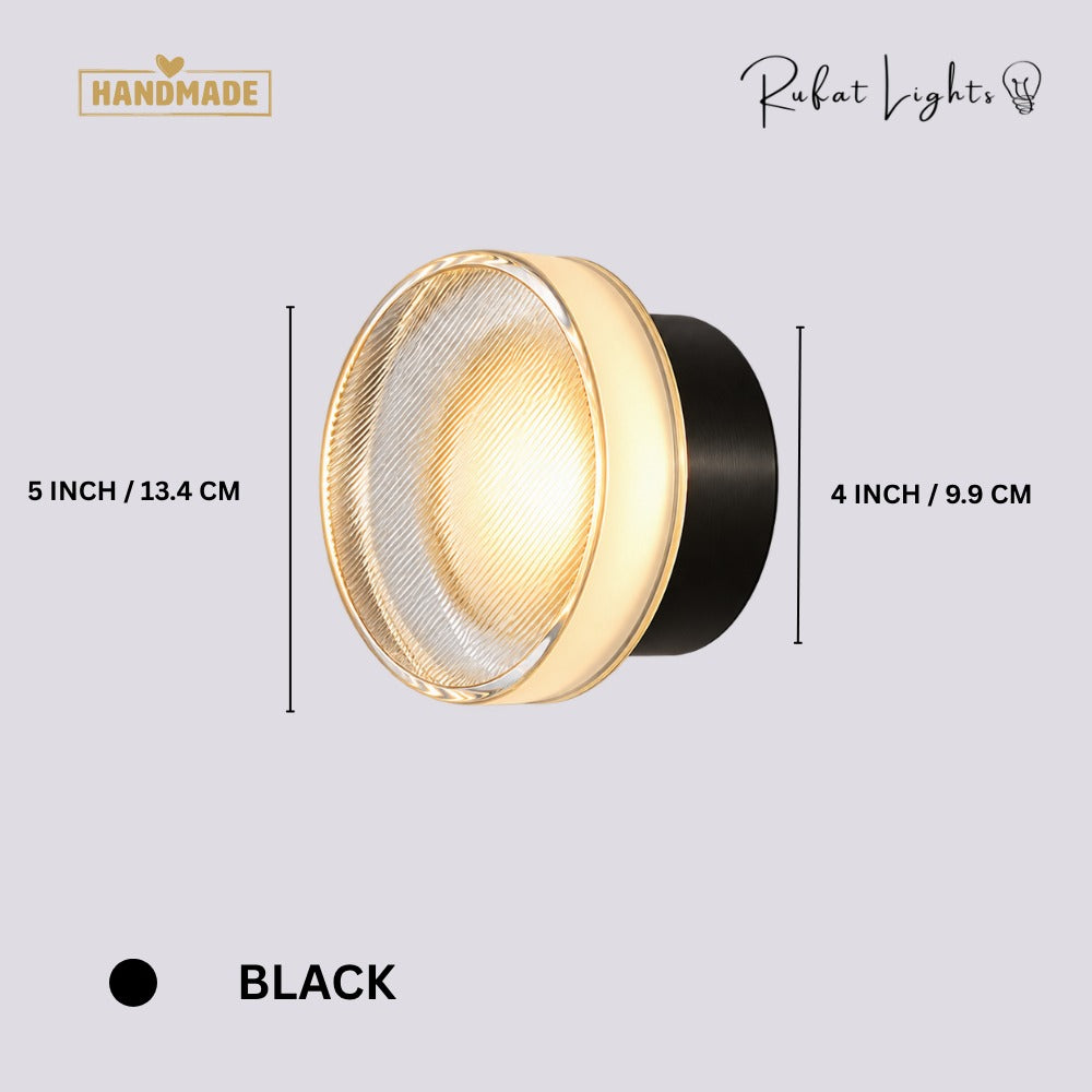 Round Textured Glass Wall Lamp Black dimensions: 5 in (13.4 cm) shade diameter, 4 in (9.9 cm) base