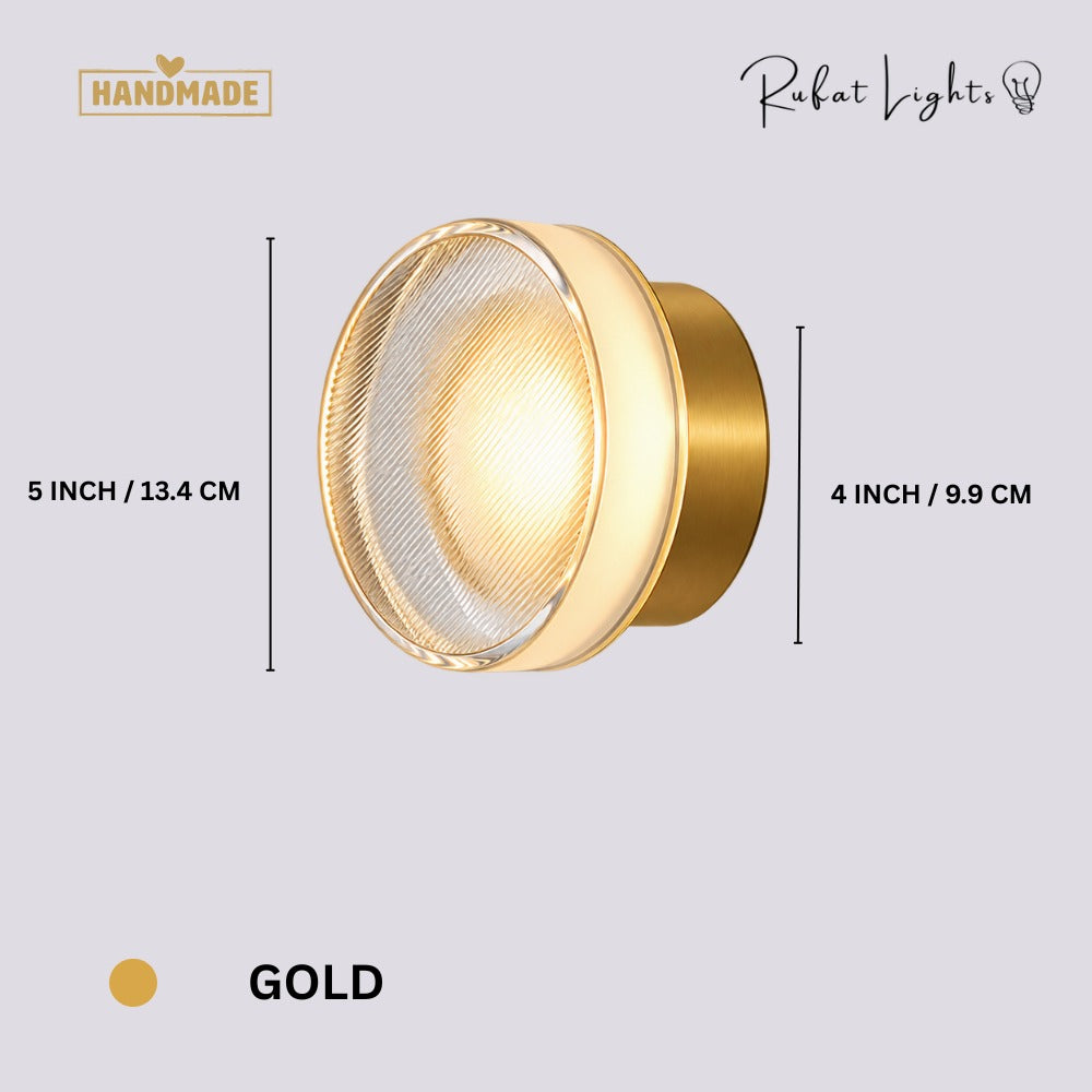 Round Textured Glass Wall Lamp Gold dimensions: 5 in (13.4 cm) shade diameter, 4 in (9.9 cm) base