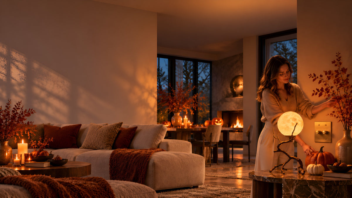 Designer living room on a Halloween evening with a moon table lamp, brass dimmer switch and pumpkins by Rufat Lights
