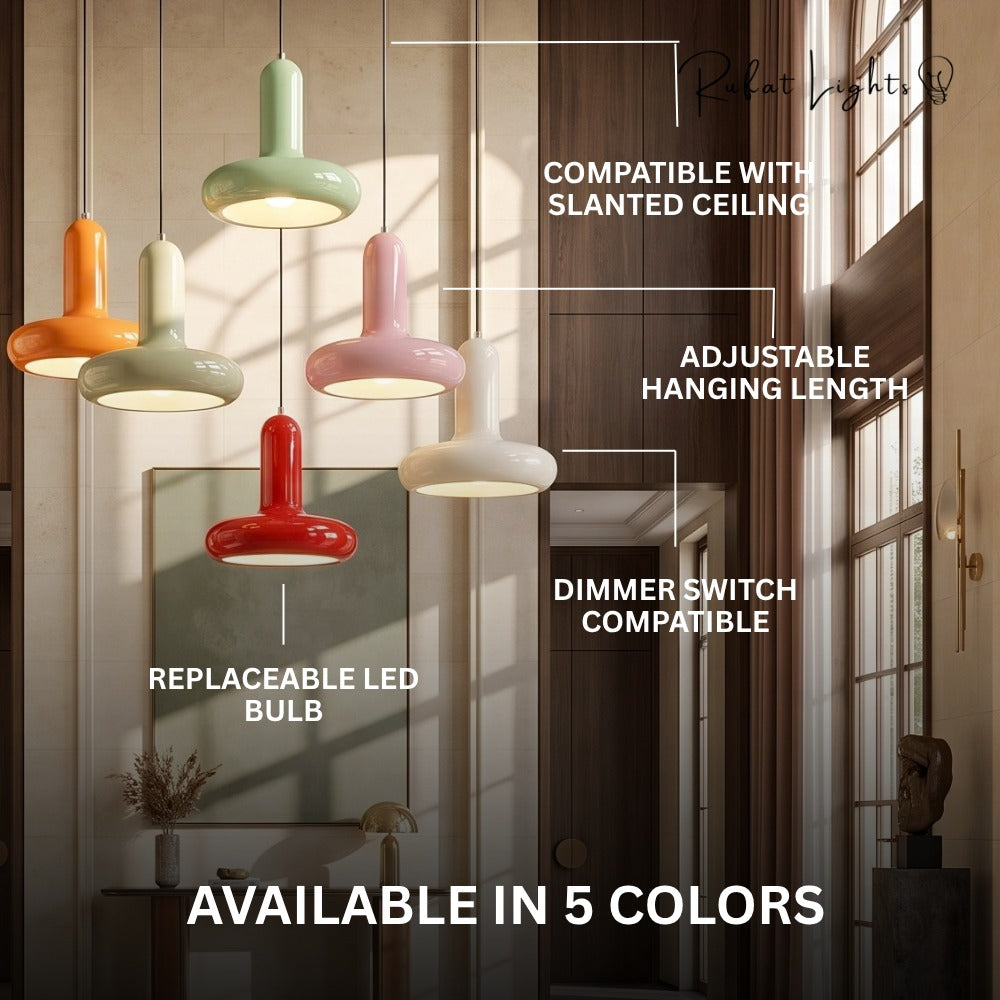 Scandinavian Macaron Pendant Lamp features: compatible with slanted ceiling, adjustable hanging length, dimmer switch compatible, replaceable LED bulb, available in 5 colors