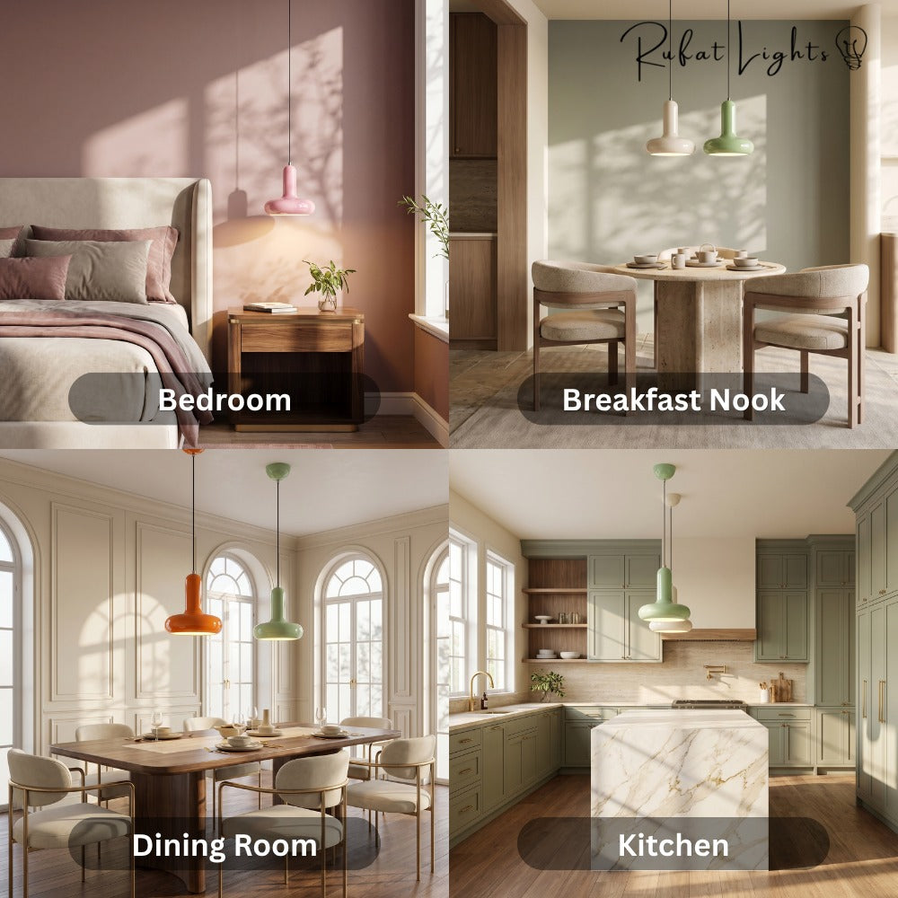 Scandinavian Macaron Pendant Lamp shown in a bedroom, breakfast nook, dining room and kitchen